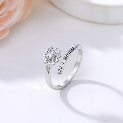 ROMANTICWORK Just Breathe Ring 925 Sterling Silver Cross/Lotus/Dandelion Adjustable Opening Ring Inspirational Jewelry for Women Birthday Christmas Gifts - style: Dandelion