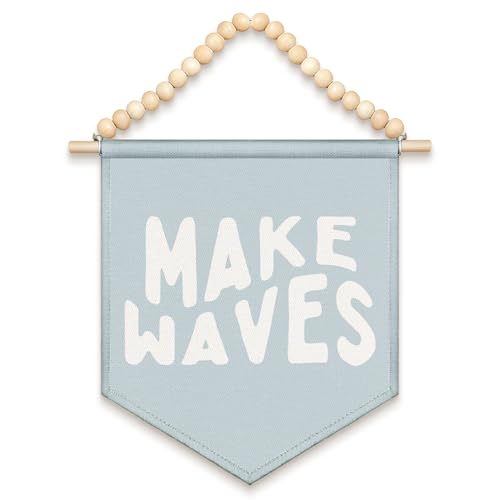LIANGW Blue Dorm Decor, Blue Coastal Canvas Banner, Boho Wood Beads Make Waves Coast Wall Art Decor Hanging Pennant Flag for Cowgirl Bedroom Western Room Decor,13x11 - color: 01- Make Waves(Coastal)