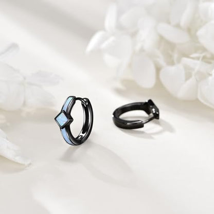 AOBOCO Black Hoops Earrings for Men Sterling Silver Viking Celtic Cross Heart Skull Round Triangle Hoop Earrings Birthday Father Day Christmas Jewelry Gifts for Men Women Friends - style: Opal Hoop Earrings