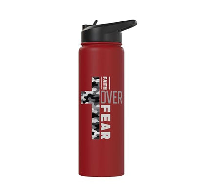 Faith Over Fear Christian Camo Cross Religious Bible Verse Stainless Steel Insulated Water Bottle - color: Red