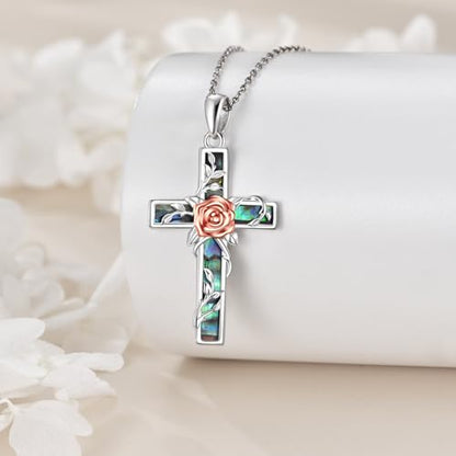 YFN Cross Necklace Sterling Silver Religious Cross Pendant Jewelry Christian Gifts for Women Men - style: F. Rose Flower