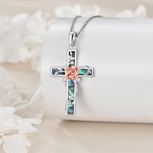 YFN Cross Necklace Sterling Silver Religious Cross Pendant Jewelry Christian Gifts for Women Men - style: F. Rose Flower