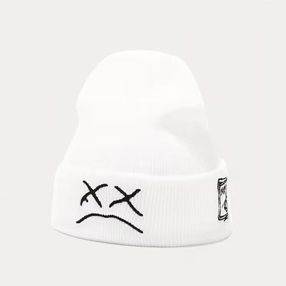 Unisex Stretch Warm Winter Skull Cap, Cold Weather Knit Beanie - color: White - Sad Face Embroidery