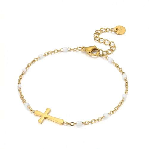18K Gold Plated Pearl Bracelets for Women Dainty Waterproof - style: White Cross-Gold