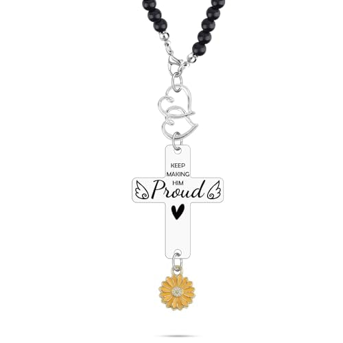 Heigebi Memorial Car Charm Sympathy Gift for Loss of Dad Father Husband Brother Anniversary of Passing Bereavement Keepsake Cross Car Mirror Hanger Keep Making Him Proud Christian Car Accessories