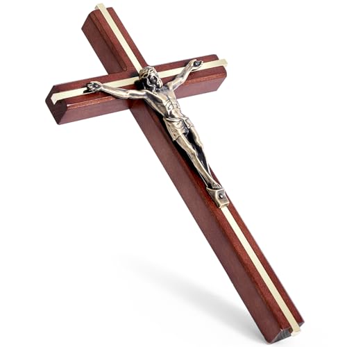 SISSIDA Wooden Crucifix Wall Cross, Handmade Catholic Home Decor, 10 Inch - color: Brown + Antique Brass