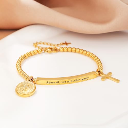 DS Women Christian Charm Bracelet,Cross Scripture Stainless Steel Jewelry - style: Above all, love each other deeply.-Peter 4:8-Gold