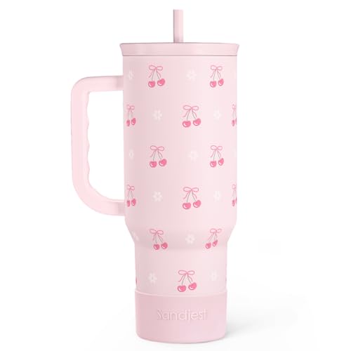 SANDJEST Cherry 40oz Slider Tumbler with Handle and Straw - Insulated Stainless Steel Travel Coffee Mug for Women Girls, Gift for Birthday Christmas - color: Cherry