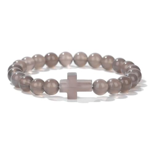 8mm Gemstone Cross Bracelet for Women Men – Stretch Beaded Faith Bracelet with Sideways Cross (Multiple Colors) - style: Gray Agate