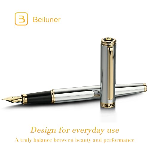 BEILUNER Silver Chrome Fountain Pen,Stunning Luxury with 24K Gold Accents, Gorgeous 24K Gilded Nib(Medium), Fancy Pen Gift for Men&Women -Ink Converter-Elegant, Office,Nice Pen for Writing - color: Silver Chrome and Gold Finish, style: Medium Nib
