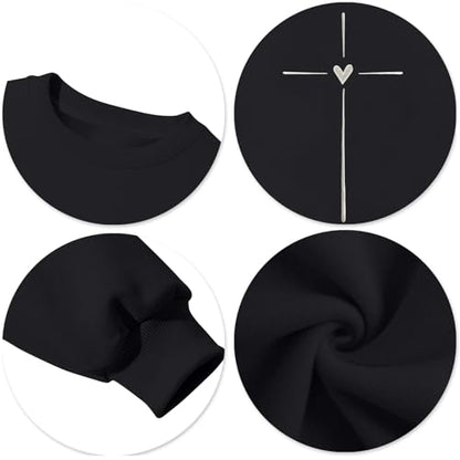 Christian Sweatshirts for Women Embroidered Jesus Cross Heart Print Shirt Inspirational Oversized Religious Pullover - color: Black, size: Small