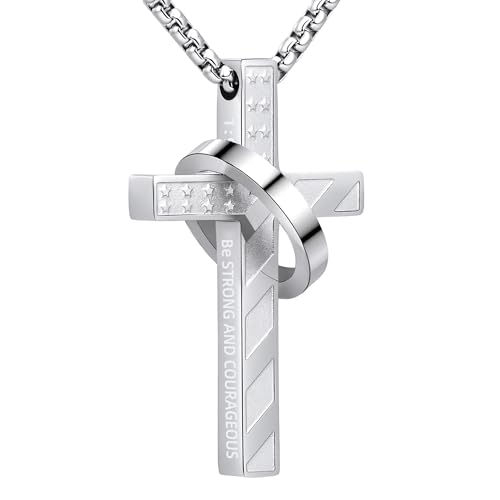 Cross Necklace for Men,Stainless Steel Ring Pendant Necklaces - color: silver, style: 1:9 with ring
