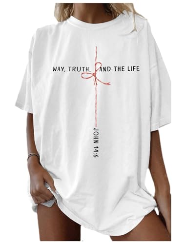 Christian Shirts for Women Oversized Bible Verse T-Shirt Jesus Religious Faithful Shirt Christ Crewneck Tee Top - color: White, size: Large