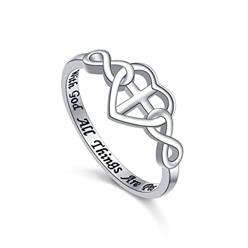 S925 Sterling Silver Christian Cross Heart Faith Bible Verse Necklace Rings - style: VRing:11