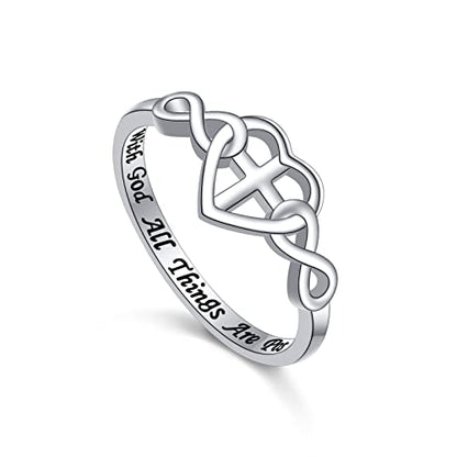 S925 Sterling Silver Christian Cross Heart Faith Bible Verse Necklace Rings - style: VRing:11