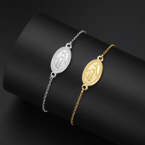 VASSAGO Virgin Mary Bracelet for Women Men Double-Sided Virgen de Guadalupe Rosary Bracelet Medal Handmade Braided Rope Catholic Christian Religious Jewelry Gift - color: Silver 1