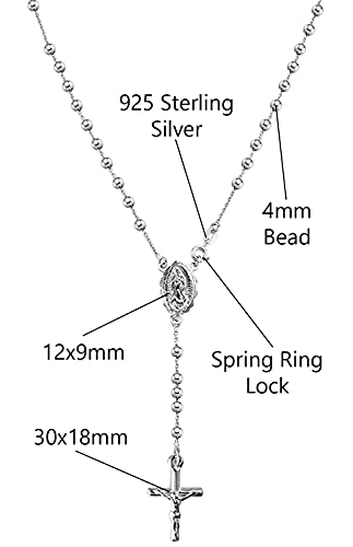 Savlano 925 Sterling Silver Italian Solid Bead Chain Cross & Rosary Virgin Mary Pendant Y Necklace Comes With Gift Box for Women - Made in Italy - style: 4MM