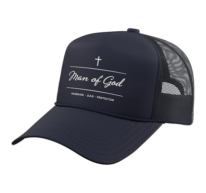 Father's Day Husband Dad Protector Christian Dad Man of God Trucker Hat with Adjustable Mesh Back - color: Navy Blue