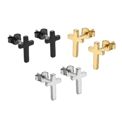 3Pairs Cross Earrings Stud Set for Men Women Stainless Steel Black Silver Gold Tiny Cross Earring Aretes Mens Jewelry Minimalist Stud Earings Fashion Accessories