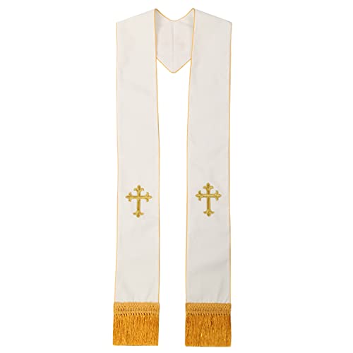 BLESSUME 1PC Clergy Mass Stole Cross Embroidered Wedding Stole - color: White/Gold 2