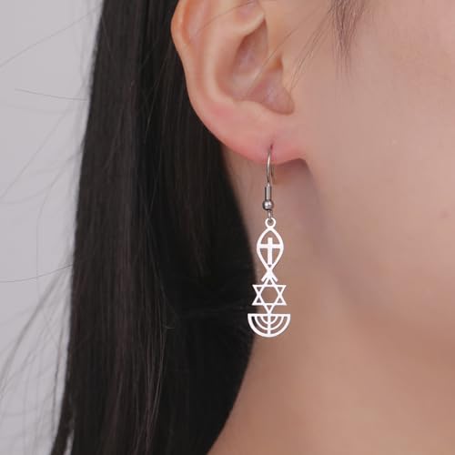 Messianic Seal Dangle Earrings Messianic Seal of Jerusalem Earrings Star of David,Ichthus with Cross,Menorah,Jewish Star Earrings Religious Hanukkah Jewelry Token of Prayer - color: silver