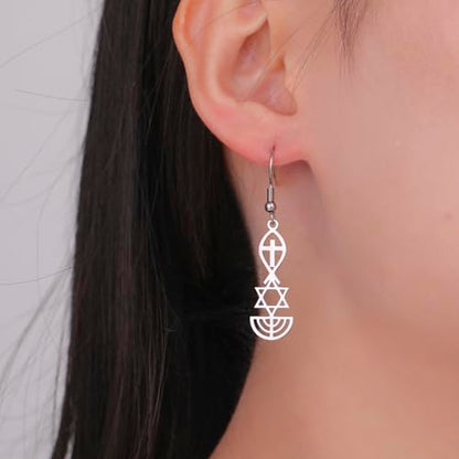 Messianic Seal Dangle Earrings Messianic Seal of Jerusalem Earrings Star of David,Ichthus with Cross,Menorah,Jewish Star Earrings Religious Hanukkah Jewelry Token of Prayer - color: silver