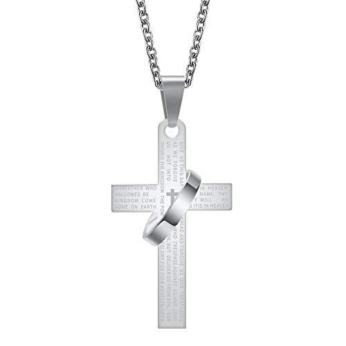 Lord's Prayer Engraved Cross Pendant Necklace with Ring Stainless Steel Religious Jewelry for Men and Women, Faith-Inspired Gift - color: Silver