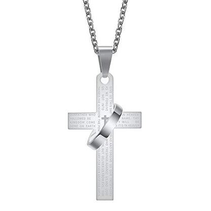 Lord's Prayer Engraved Cross Pendant Necklace with Ring Stainless Steel Religious Jewelry for Men and Women, Faith-Inspired Gift - color: Silver