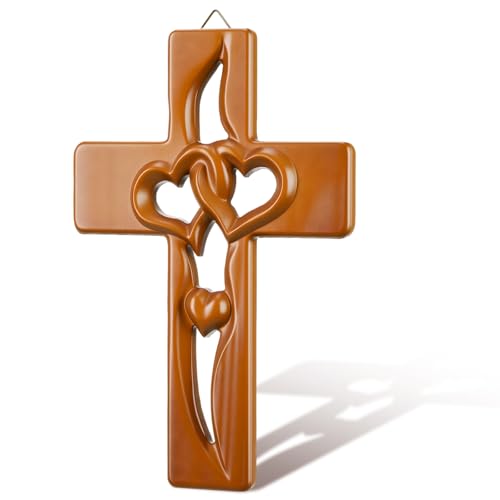Kathfly Wooden Wall Cross Decor 10 Inch Intertwined Wooden Cross Christian Anniversary Wedding Gift for Couple Parents Wedding Valentine(Original Wood Color,Heart) - color: Original Wood Color, style: Heart