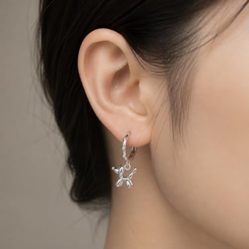 925 Sterling Silver Cute Animal Unique Huggie Hoop Earrings for Women - color: Balloon Dog