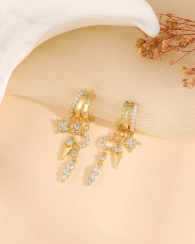 Dangle Earrings for Women Trendy Triple Huggie Hoop Stud Earring - color: B. Star Moon