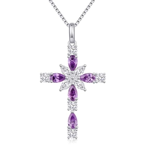 925 Sterling Silver Cross Necklace for Women，Birthday Delicate Star Cross Necklace Jewelry Gifts for Women，Birthstone Religious Jewelry for Mom, Chain 18 inch - color: B. 2. Purple-February-Amethyst
