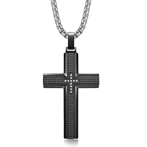 Men's Stainless Steel Cross Necklace,Two-Tone Black & Blue Carbon Fiber Pendant - Included Gift Box - style: Black XL002