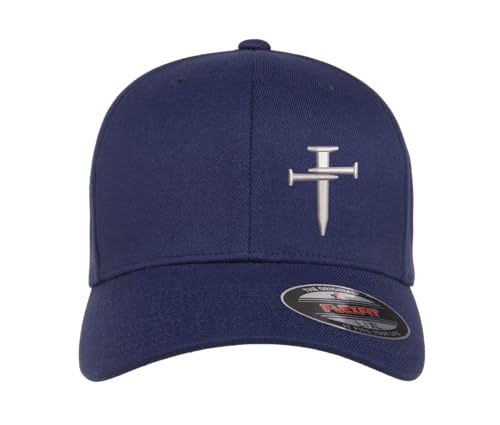 Nail Cross Christian Fitted Side Embroidered Hat Baseball Cap - color: Navy Curved Brim, size: Small-Medium