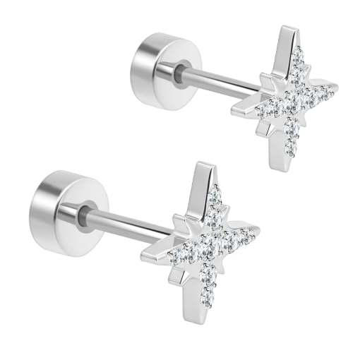 XUU 20G Flat Back Stud Earrings ASTM F136 Titanium & Sparkling CZ - color: silver cross star