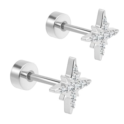 XUU 20G Flat Back Stud Earrings ASTM F136 Titanium & Sparkling CZ - color: silver cross star