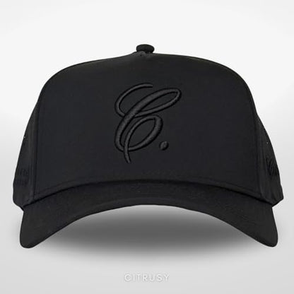 CITRUSY Athletic Trucker Golf Hat | Performance Mens 5 Panel Cap | Cool Breathable Waterproof Workout Running Snapback - color: Signature C. | Black