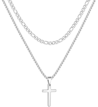 Fiusem 2 Pcs Cross Necklace Chain for Men, Stainless Steel Pendant - color: Silver, size: 16/18 Inches