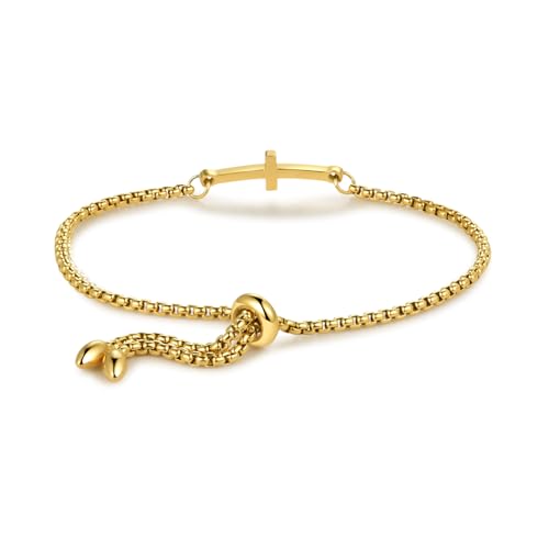 NARTGO Sideways Cross Christian Bracelet for Women Religious Faith Believe Bracelet Baptisms Jewelry Gift Stainless Steel Adjustable Chain - color: Gold