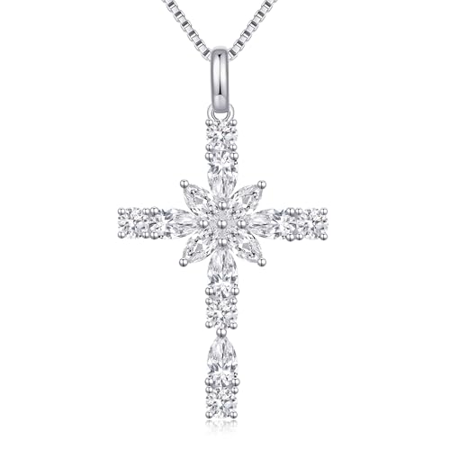 925 Sterling Silver Cross Necklace for Women，Birthday Delicate Star Cross Necklace Jewelry Gifts for Women，Birthstone Religious Jewelry for Mom, Chain 18 inch - color: D. 4. White-April-CZ