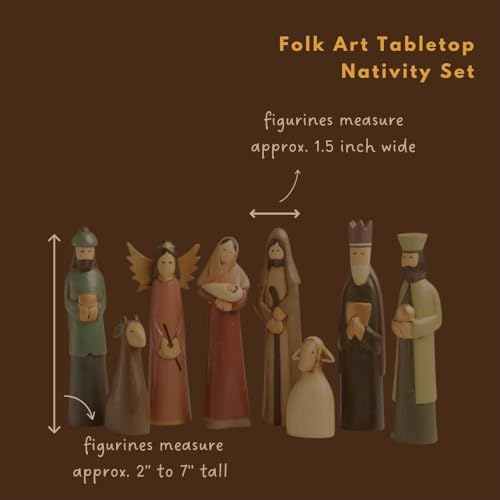Folk Art Nativity Scene, Set of 8 Pieces, Tabletop Christmas Decorations, Collectible Figurines, Baby Jesus Holy Family Manger Scene, Indoor Xmas Decor for Tables, Shelf, Mantel, Handmade, Unique