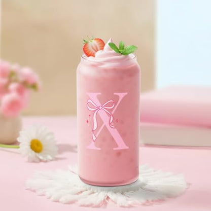 SANDJEST Monogrammed Glass Drinking Can Cup with Acrylic Lid and Straw, Personalized Frosted Iced Coffee Tumbler 16oz, Monogram Initial Gifts for Women Girls on Birthday (X) - color: X