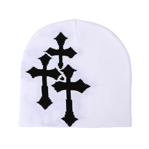 Fashion Knit Beanie with Cross Pattern Y2K Unisex Soft Jacquard Cap Popular Hip-Hop Cool Street Outdoor Sports Earflap Hat - color: White
