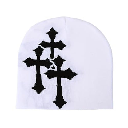 Fashion Knit Beanie with Cross Pattern Y2K Unisex Soft Jacquard Cap Popular Hip-Hop Cool Street Outdoor Sports Earflap Hat - color: White