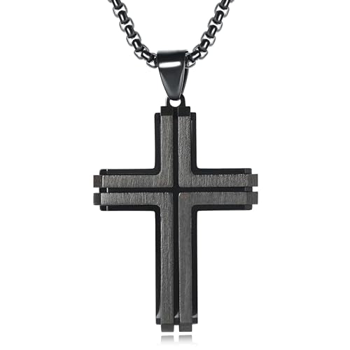 Wooden Cross Necklace for Men, Natural Ebony Mens Cross Necklaces Black Stainless Steel Christian Wood Crucifix Pendant，with Necklace 24" Box Chain - color: Black-Inlaid Ebony