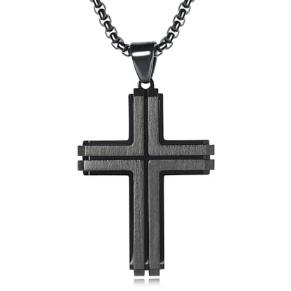 Wooden Cross Necklace for Men, Natural Ebony Mens Cross Necklaces Black Stainless Steel Christian Wood Crucifix Pendant，with Necklace 24" Box Chain - color: Black-Inlaid Ebony
