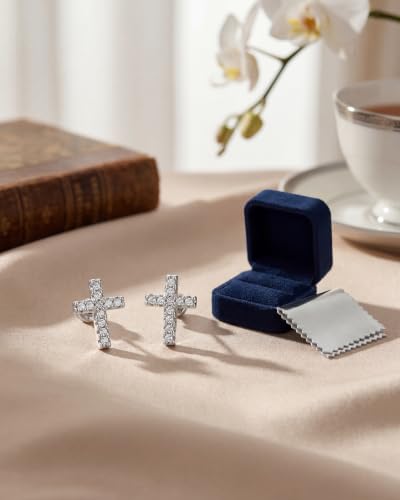 MUMREUES 14K Gold Earrings for Women Dainty CZ Cross Stud Earrings Jewelry - color: CZ Cross & Silver