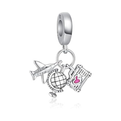 Sport Religious Charm 925 Sterling Silver Pendant,Jewelry Beads Gifts for Women Bracelet&Necklace - color: Airplane, Globe Suitcase Dangle