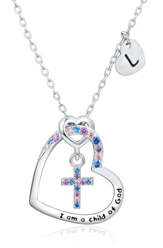 Cross Necklace for Girls | I am a child of God Necklace for Girls | Heart Letter initial | 18K White Gold Plated Pendant Jewelry First Communion Baptism Gifts Christmas Birthday Gifts for Girl Women - color: L