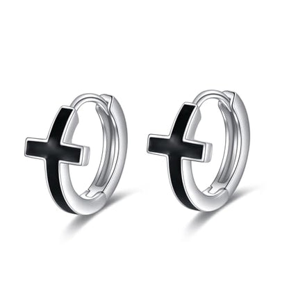 AOBOCO Black Hoops Earrings for Men Sterling Silver Viking Celtic Cross Heart Skull Round Triangle Hoop Earrings Birthday Father Day Christmas Jewelry Gifts for Men Women Friends - style: Cross Hoops